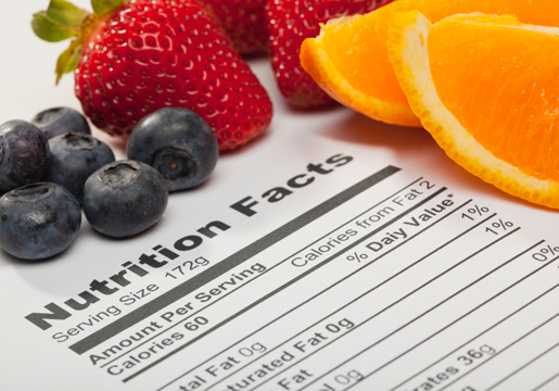Nutrition facts label and fruit